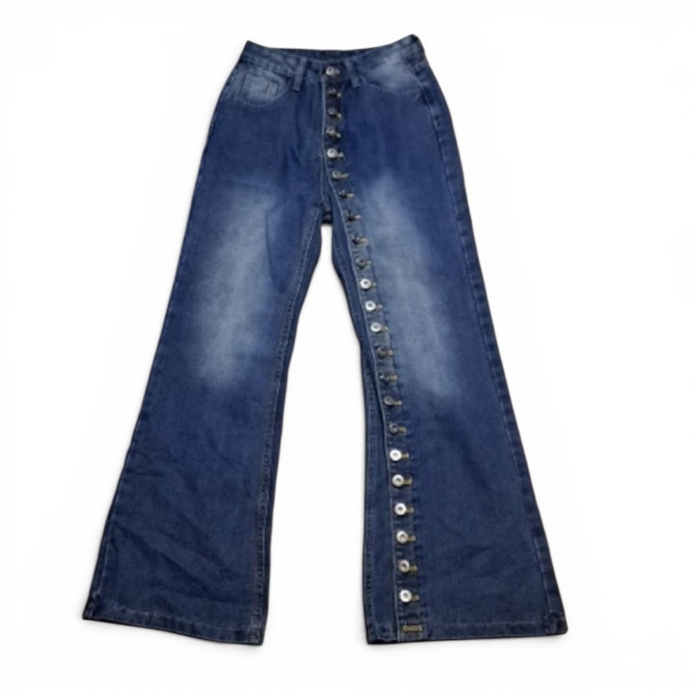 Womens Asymmetrical button accent zip Fly Wide Leg Flare Medium Wash Blue Denim
